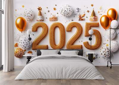 Colorful decorations featuring the year 2025 with balloons, party hats, and confetti create a joyful atmosphere for New Year's Eve celebrations Wall mural