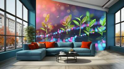 Conceptual visualization of young plants growing amidst glowing digital connections symbolizing growth and technology Wall mural