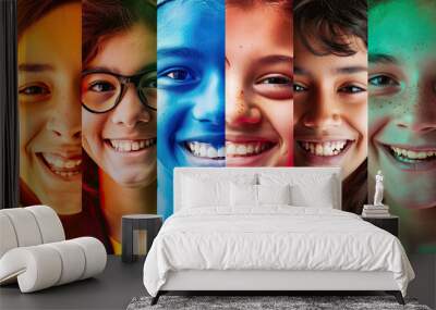 Diverse group of children with faces painted in different vibrant colors, standing together and looking at the camera Wall mural