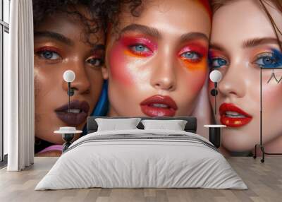 Diverse women display striking makeup artistry with bright colors and textures, emphasizing creativity and individual expression in beauty fashion Wall mural