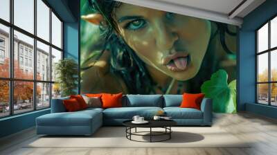 Elf woman playfully sticks her tongue out while lying in the grass Wall mural