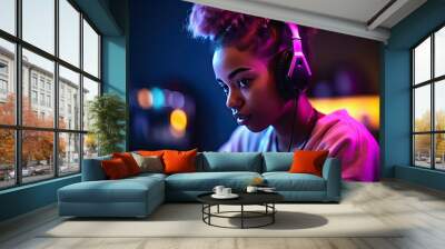 Esport african american woman gamer streamer in earphones play online video game on computer, created with Generative AI Wall mural