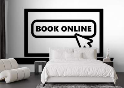 flat black laptop icon with arrow pointer or cursor mouse clicking on book online button linear icon. Concept of using screen mobile computer or search click mouse pre-booking hotel on website. Wall mural