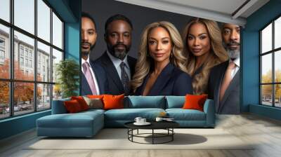 Four well-dressed professionals stand together, exuding confidence and professionalism with distinct hairstyles and tailored suits against a dark backdrop Wall mural