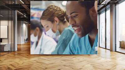 Group of diverse doctors in professional attire standing together in a hospital setting, discussing patient care and medical procedures Wall mural