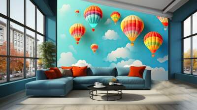 Hot balloons flying above the clouds in paper style, created with Generative AI Wall mural