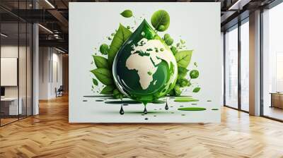 Illustration of earth in water drop shapewith green leaves, concept of world water day, created with Generative AI Wall mural