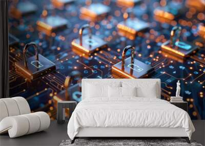 Interconnected locks are displayed on a circuit board, symbolizing digital security and technology advancements Wall mural