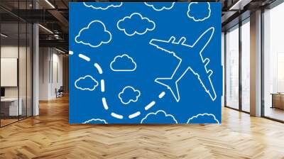 linear airplane with clouds on a blue air background. blue sky t Wall mural