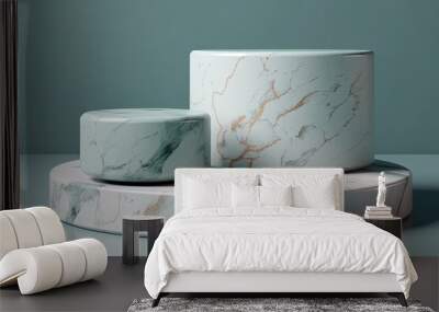 Marble cylindrical podium for presentation of new product on a mint background, created with Generative AI Wall mural