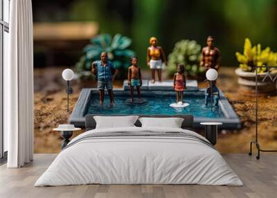 Miniature toy people figurines of african american family having fun in the pool at summer, created with Generative AI Wall mural