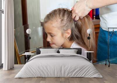 Mother combs her daughter hair and braids it at home Wall mural