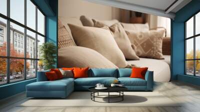 Pillows on beige sofa room decoration background. Close up light beige fabric sofa with warm cozy home interior background, created with Generative AI. Wall mural