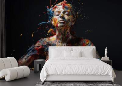 Portrait of art woman with abstract colorful paint splashes, created with Generative AI Wall mural