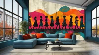 Silhouetted figures of women stroll in a line, showcasing diverse styles as they move along a vibrant, abstract mural backdrop Wall mural