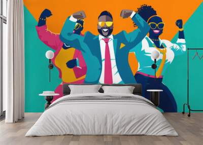 Three cheerful individuals proudly pose with confidence, showcasing colorful outfits and energetic expressions in a lively setting Wall mural