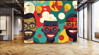 Three diverse people are smiling, each with unique styles, against a vibrant backdrop filled with colorful lightbulb illustrations Wall mural