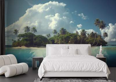 Tropical island with cloud computing tech display podium in the water created with Generative AI technology Wall mural