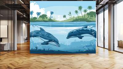 Two dolphins swim playfully beneath the water's surface, surrounded by vibrant marine life and a serene tropical landscape Wall mural