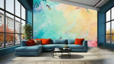 Vibrant abstract artwork depicting three individuals swimming in a colorful, tropical water scene surrounded by lush foliage Wall mural