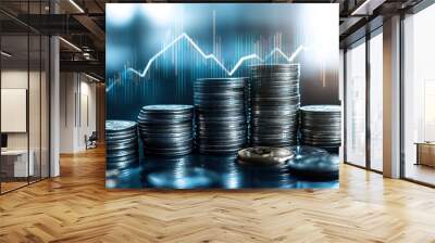 A close-up of stacked coins with a rising graph in the background, symbolizing financial growth and investment opportunities. Wall mural