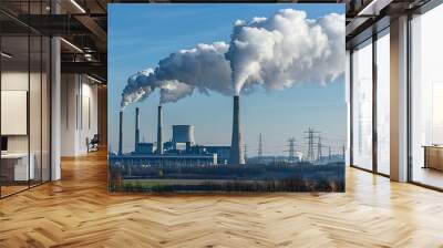 A power plant emits large clouds of smoke into the clear sky, showcasing industrial pollution against a backdrop of trees and distant wind turbines. Wall mural