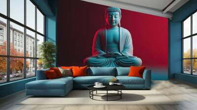 A serene Buddha statue illuminated with colorful lighting, representing peace and mindfulness in a modern artistic setting. Wall mural