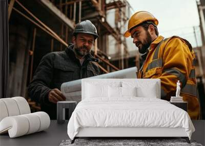 A site supervisor and a foreman examining blueprints together at a construction site Wall mural