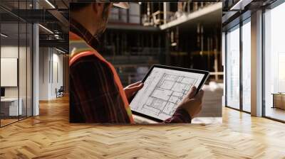 A site supervisor reviewing blueprints on a tablet while holding printed plans at a construction site Wall mural