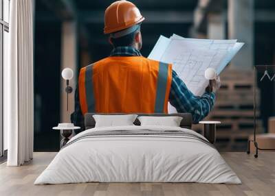 A site supervisor with blueprints discussing project details with a contractor at a construction site Wall mural