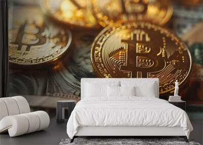 Bitcoin currency and dollar. BTC market symbol cryptocurrency rising above the united states dollar. Gold metal bitcoin on top of paper currency. Copy space for text and wording. Wall mural