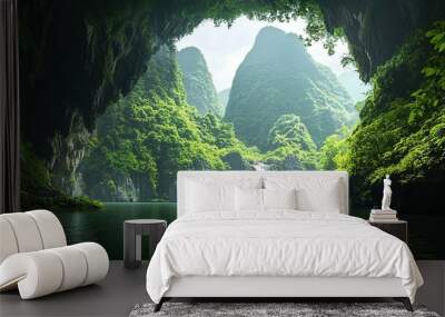 scenic green landscape, tall mountains, lake, caves, waterfall, surreal, mist, lush greenery, extreme wide angle lens, Wall mural