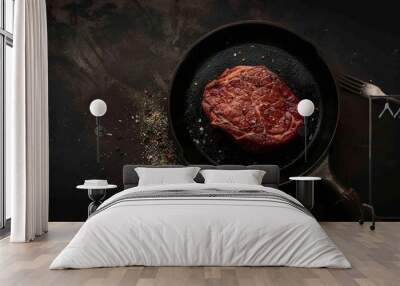 Steak on the table, No fork, top view Wall mural