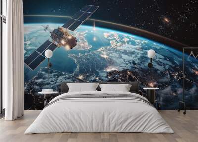 Telecommunication satellite providing global internet network and high speed data communication above Europe. Satellite in space, low Earth orbit. Worldwide data communication technology. Wall mural