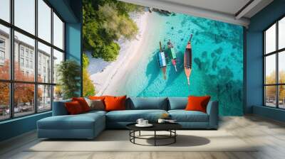 Top view or aerial view of Beautiful crystal clear water and white beach with long tail boats in summer of tropical island or Koh Lipe in Satun,Southern Thailand Wall mural