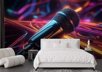 Abstract neon light classic Microphone wallpaper, glowing space background Wall mural