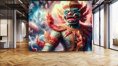 Thai-style giant image of Thao Wesuwan wearing sacred robes. Expressing ferocity and fearsomeness The background should be reminiscent of the heavenly kingdom. It adds to the essence of the mythical s Wall mural