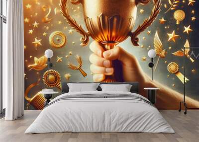 Winner prize goblet, Hand holding gold trophy cup. Winner trophy award. Wall mural