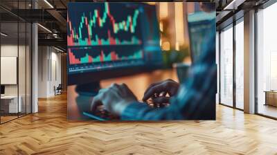 A businessman analyzes finance sales data and economic growth graph charts alongside blockchain technology, emphasizing analytics and financial and banking technology concepts. Wall mural