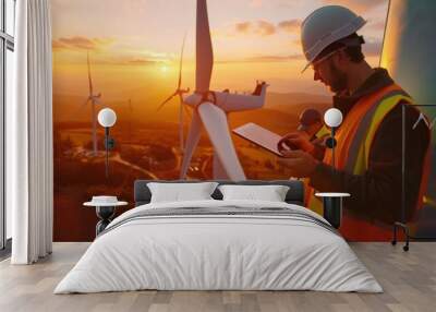 A man uses a tablet while working alongside a maintenance engineer in a wind turbine. Wall mural