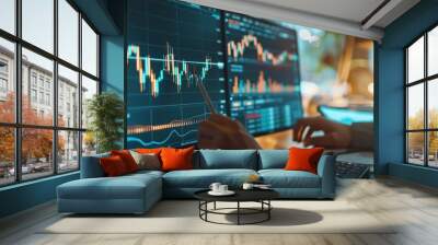 Businesspeople analyze financial data charts for trading forex, investing in stock exchanges, mutual funds, and digital assets. Embracing technology in business finance and investment concepts. Wall mural