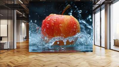 Red yellow and orange apple splash falling into water, fresh juice drop explosion with fruit, healthy and delicious natural beverage. Wall mural