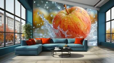 Red yellow and orange apple splash falling into water, fresh juice drop explosion with fruit, healthy and delicious natural beverage. Wall mural