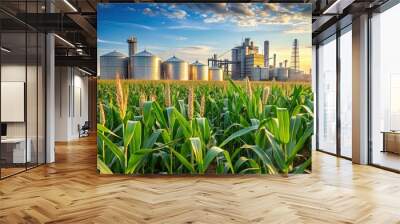 Corn field with ethanol plant in distance, agriculture, biofuel, ethanol, renewable energy, plant, farm Wall mural