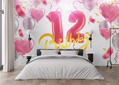 12 years anniversary party balloons template design poster,  illustration. Wall mural