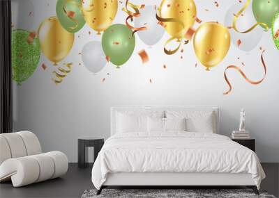 Green and Gold with confetti helium balloon isolated in the air.for birthday, anniversary, celebration, event design. Vector illustration Wall mural