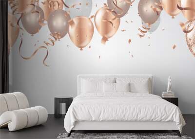 Happy birthday vector illustration. Confetti and ribbons gold orange balloon, confetti, design template for birthday celebration. art Wall mural