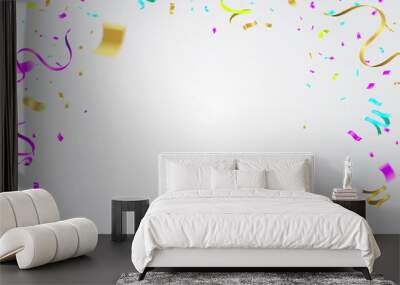 New Birthday celebration with colorful confetti.Color Glossy Balloons and ribbons/Happy greeting card Wall mural