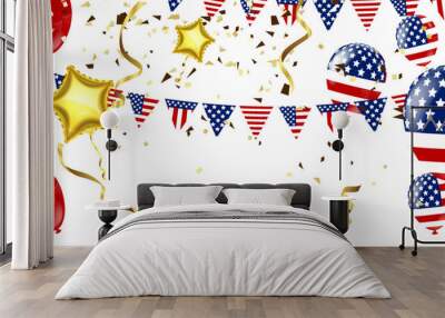 USA Independence day poster with air balloons and with a garland from American flags. American Memorial Day celebration poster, vector illustration Wall mural