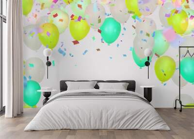 Vector happy birthday card with green balloons, party invitation Wall mural